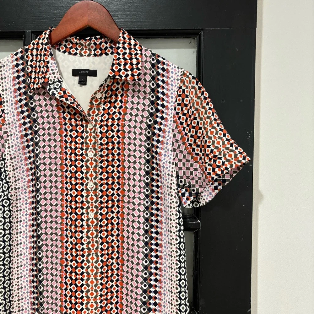J. Crew Silk Shirt Dress Multicolor Geometric Print Career Casual Resort Size 2